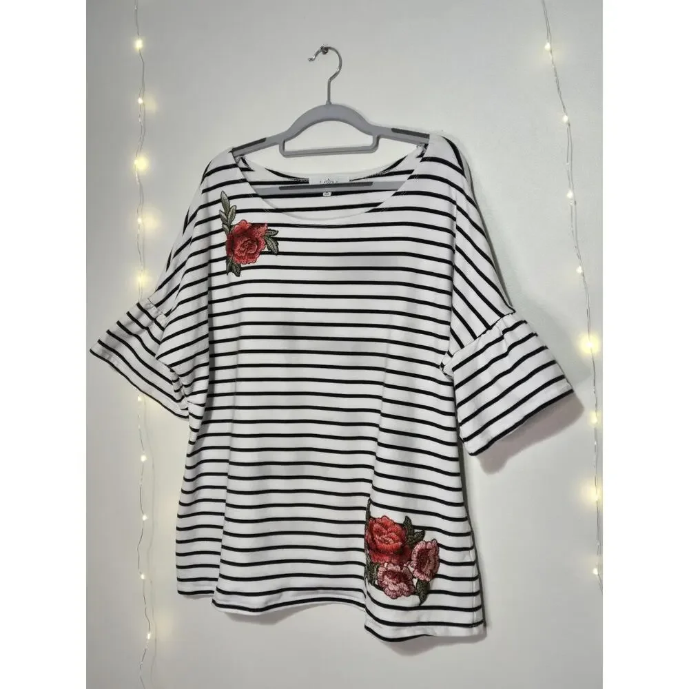 FEVER Women's Striped 3/4 Flared Sleeve Knit Top 2X Navy Blue White Floral Boho - Picture 5 of 13